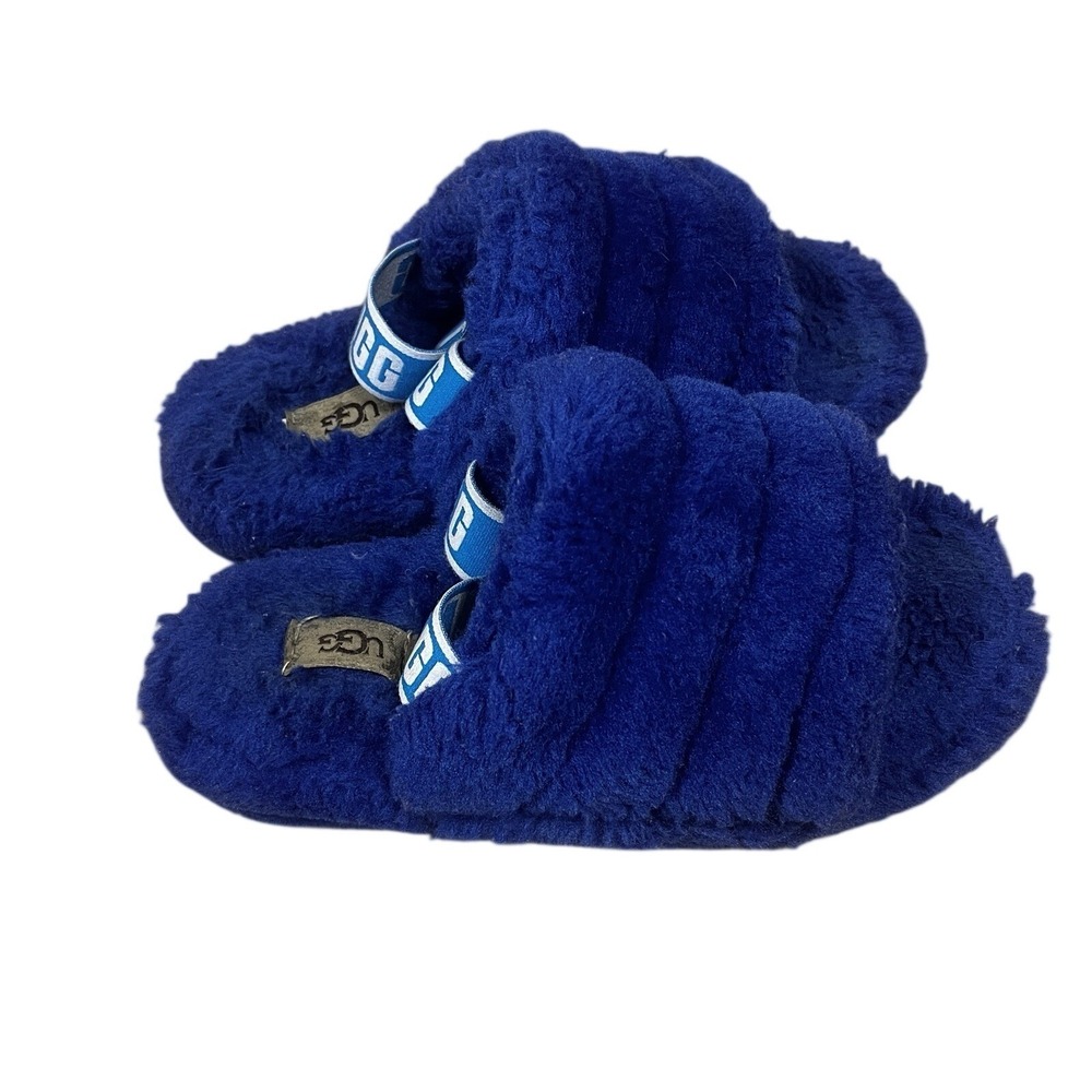 UGG Fluff Yeah Blue Sheepskin‎ Fur Slide Slippers Women's Sz 7.5 Open Toe Cozy